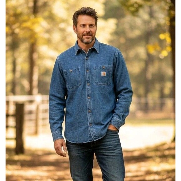 Carhartt Blue Denim Long Sleeve Shirt Mens 2XL Button Down Work Wear Long Sleeve - Picture 1 of 16